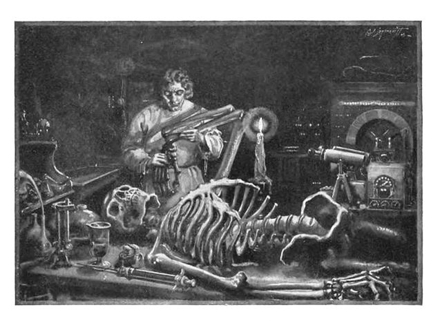 A black and white illustration shows Dr. Frankenstein in a lab with a partially assembled skeleton on the table