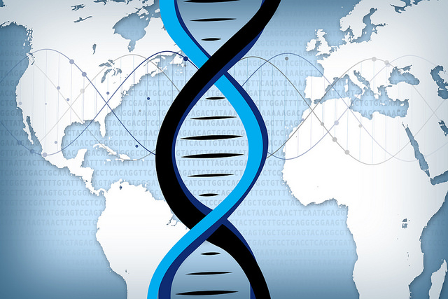 a strand of dna superimposed on the world map