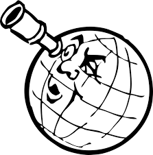 A line drawing of a globe with a face. One eye is looking out a spyglass.