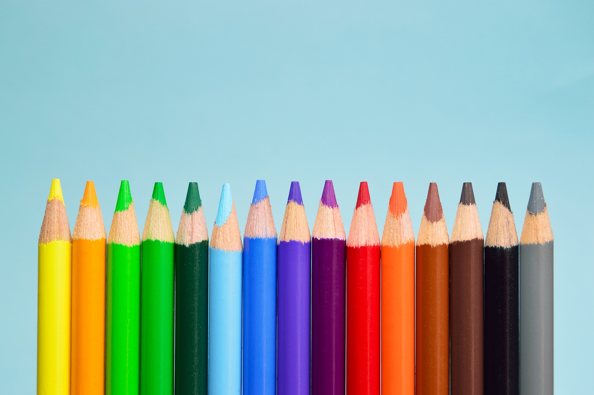 15 colored pencils stand upright spanning the color spectrum from yellow to green to blue to indigo to red to orange to brown to gray.