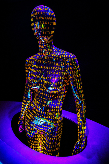 An artist's rendering of a futuristic-looking human figure made up of nitrogenous bases A, T, C, and G.