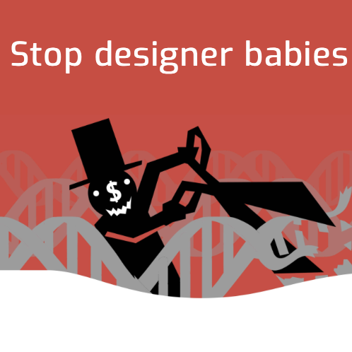 stop designer babies logo on red background