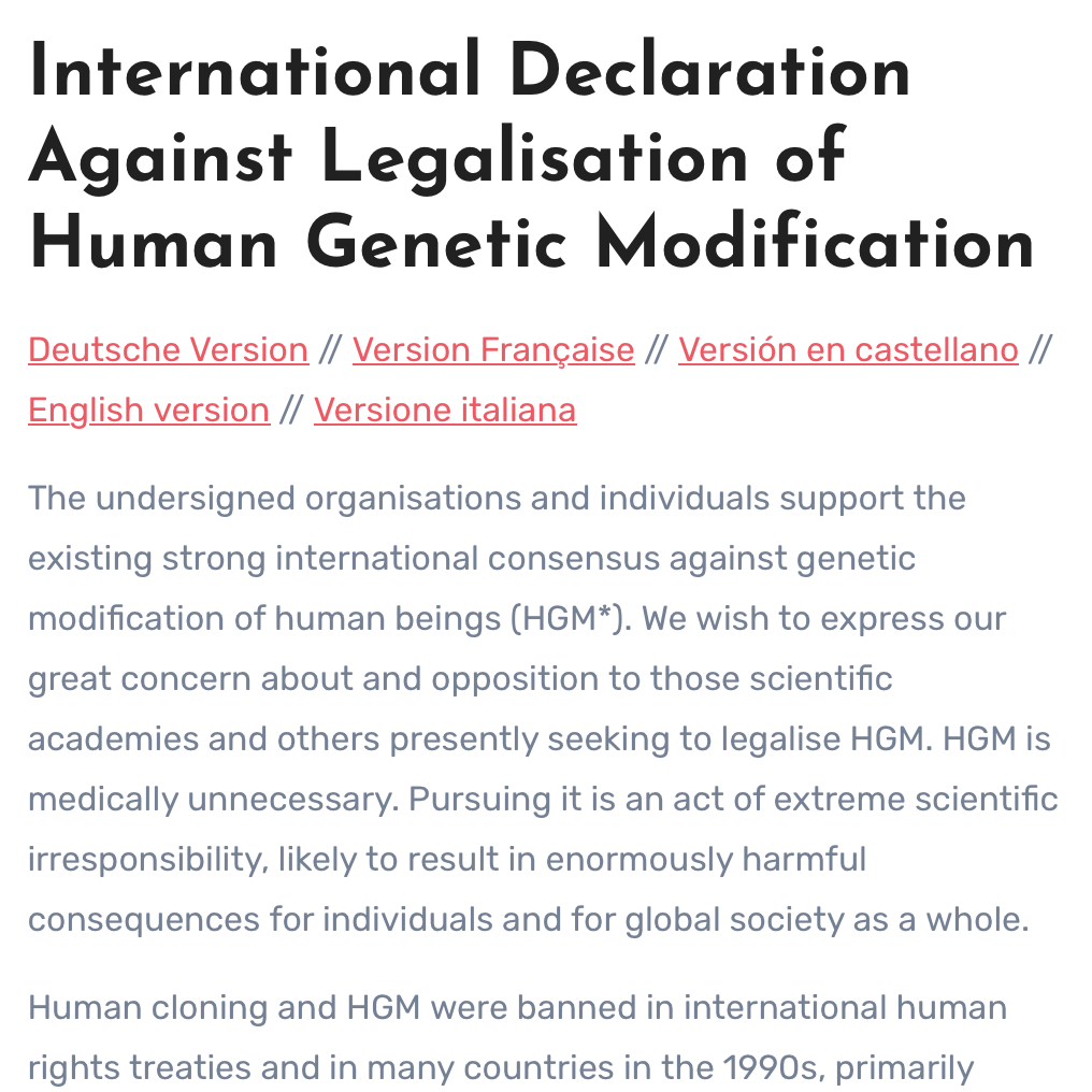 International Declaration Against Legalisation of Human Genetic Modification