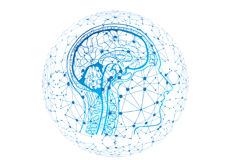Blue outline of human with detailed brain, in a web of connecting lines
