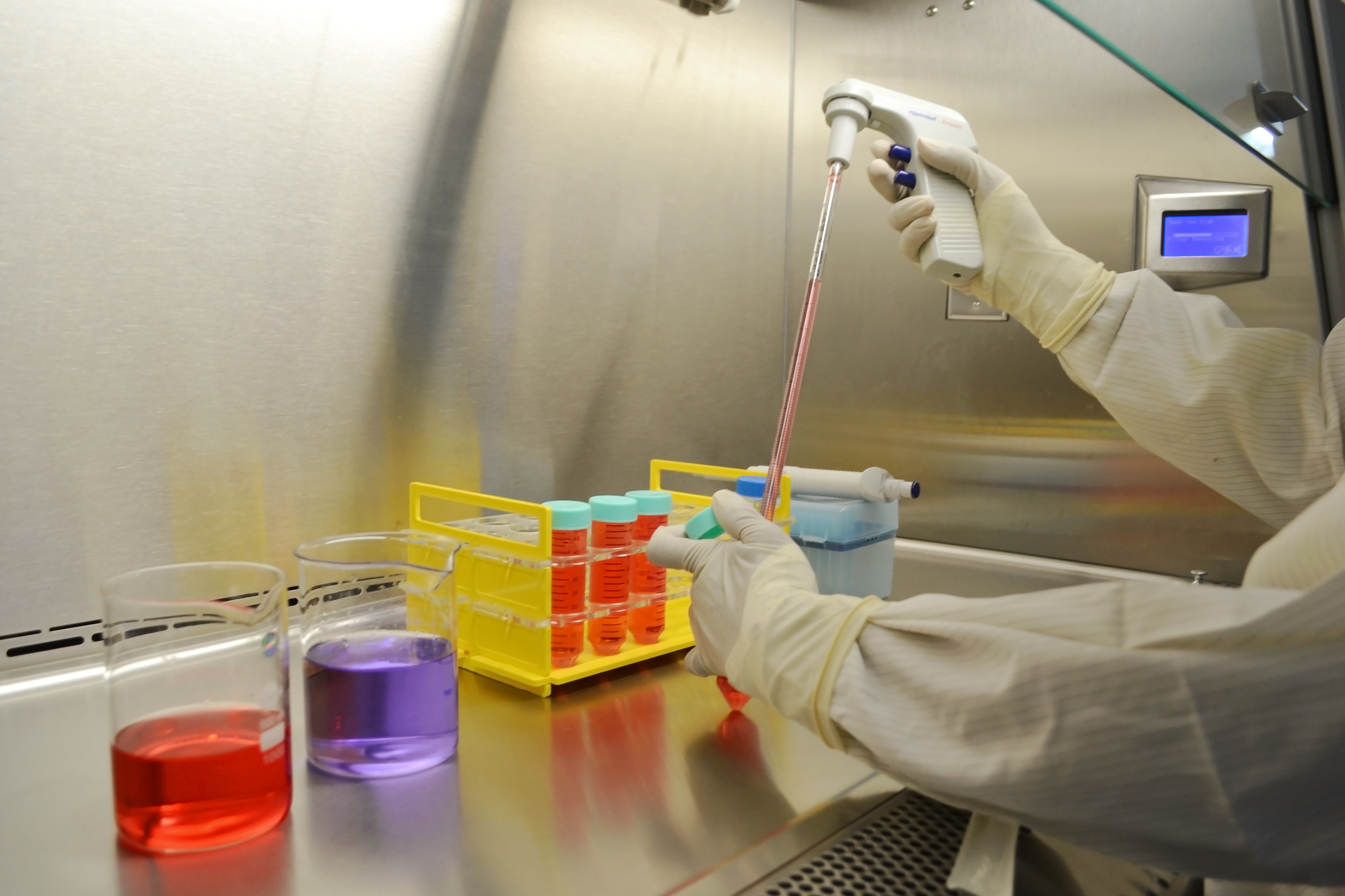 a scientist doing lab research in a sterile environment