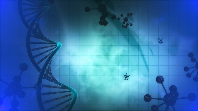 A DNA molecule is positioned toward the left. In the background, there are several floating molecules. The background is a gradient blue,