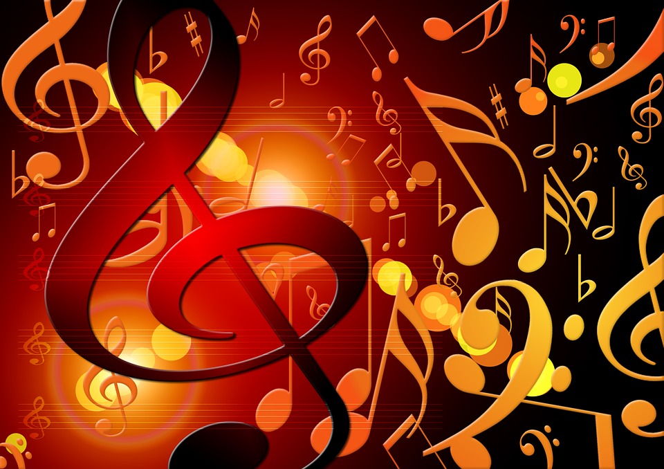 Red and yellow musical symbols on red background
