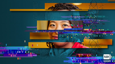 A face collaged from several faces w/ different features, skin tones, with representations of genetic data superimposed on a teal background with NIH/NHGRI logos logo