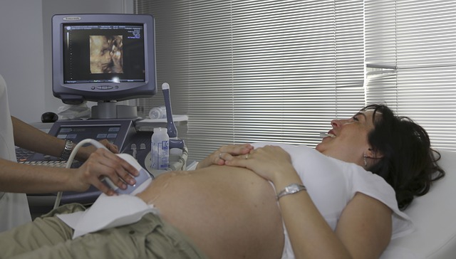 A pregnant woman lays with her stomach exposed on a hospital bed, and looks over to her side viewing a sonogram machine which displays a fetus.