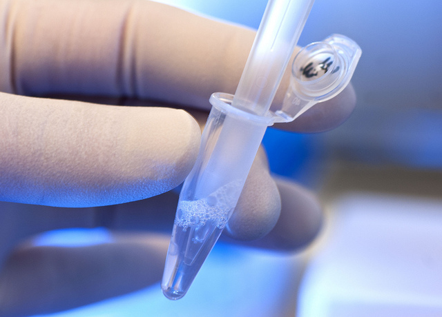 A gloved hand inserts a pipette of clear liquid into a test tube.