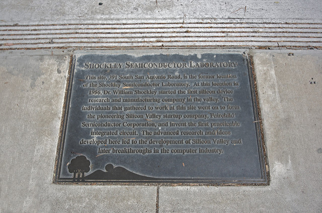 A bronze plaque describes the history of Shockley semiconductor lab