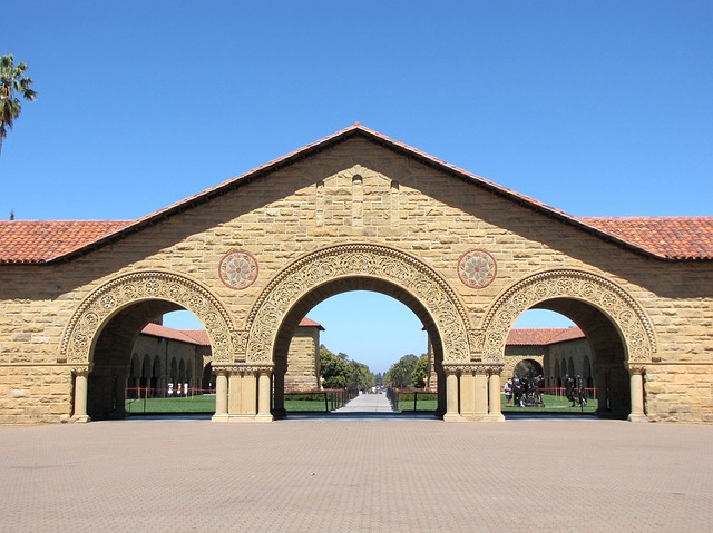 Stanford University campus, and edifice with three archways