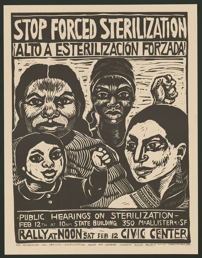 an old poster saying "Stop Forced Sterilization"