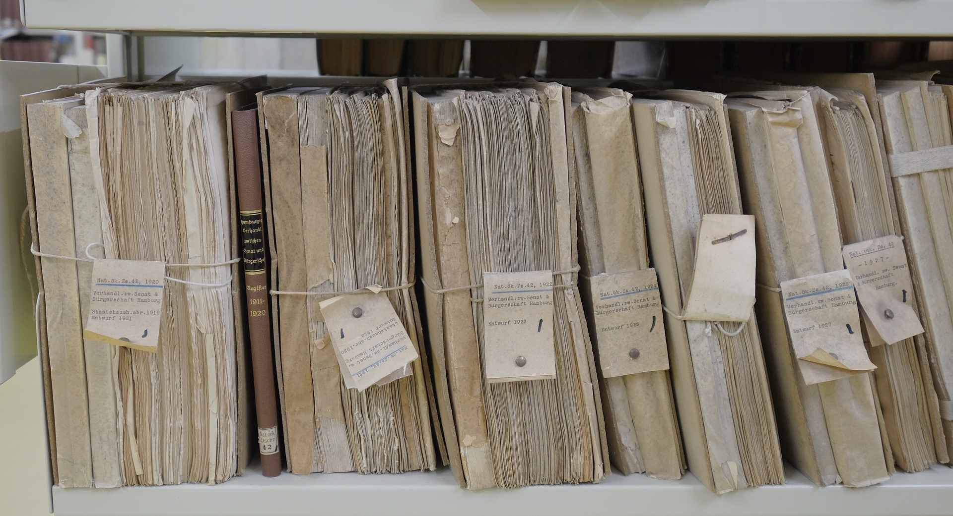 Several filing folders are placed side by side vertically. They have several papers stuffed into them, with old labels around the folder itself.