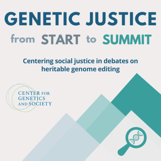 beige background with blue text reading Genetic Justice from Start to Summit and blue mountains and magnifying glass graphic