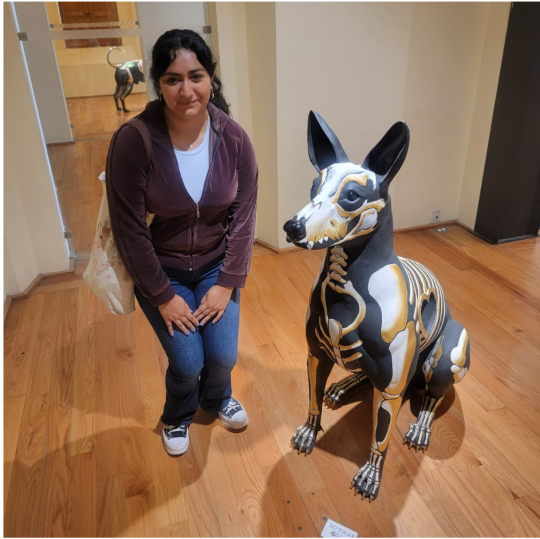 Picture of CGS Intern Jennifer Silva next to an alebrije.