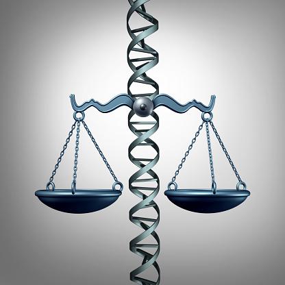 Illustration of scales of justice super-imposed over DNA strand