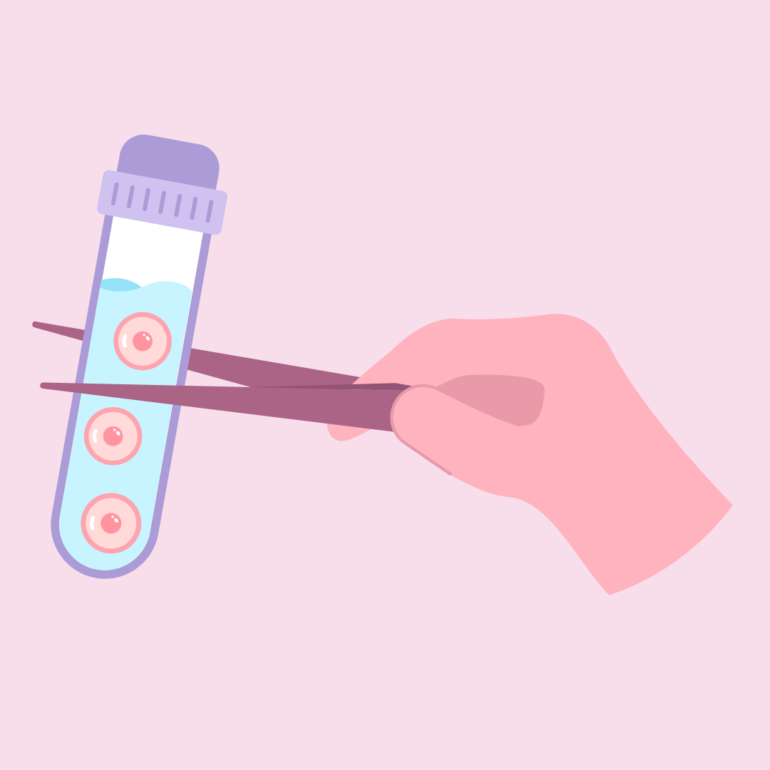 A gloved pink cartoon hand holding a cartoon vial with blue liquid and 3 pink embryos in it