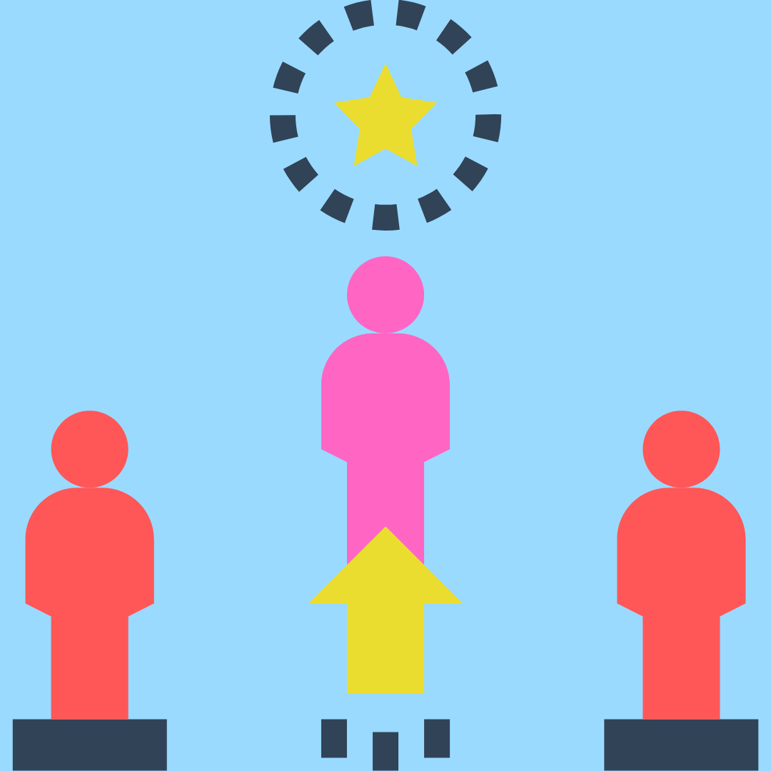 the silhouettes of three people. Two are red and are on either side. A pink person is slightly higher than the rest with an arrow pointing up and a star at the top.