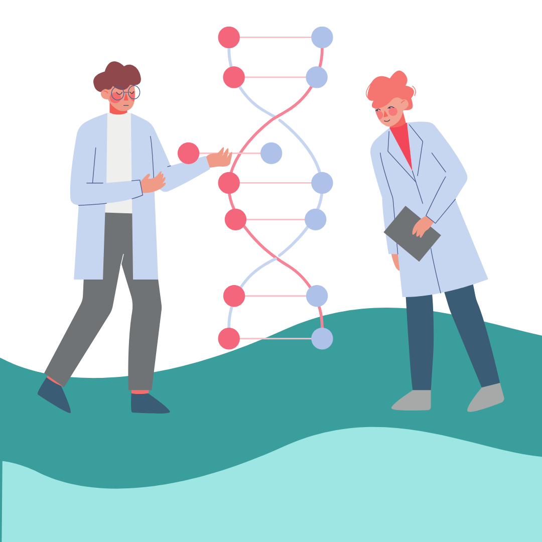 two scientists stand on a teal slope with a white background. One scientist is pulling out a rung from a DNA ladder