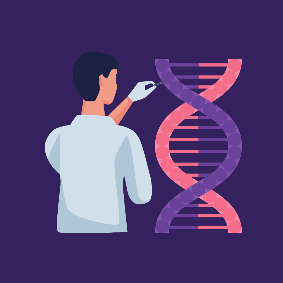 A cartoon drawing of a scientist looking at a DNA double helix on a purple background