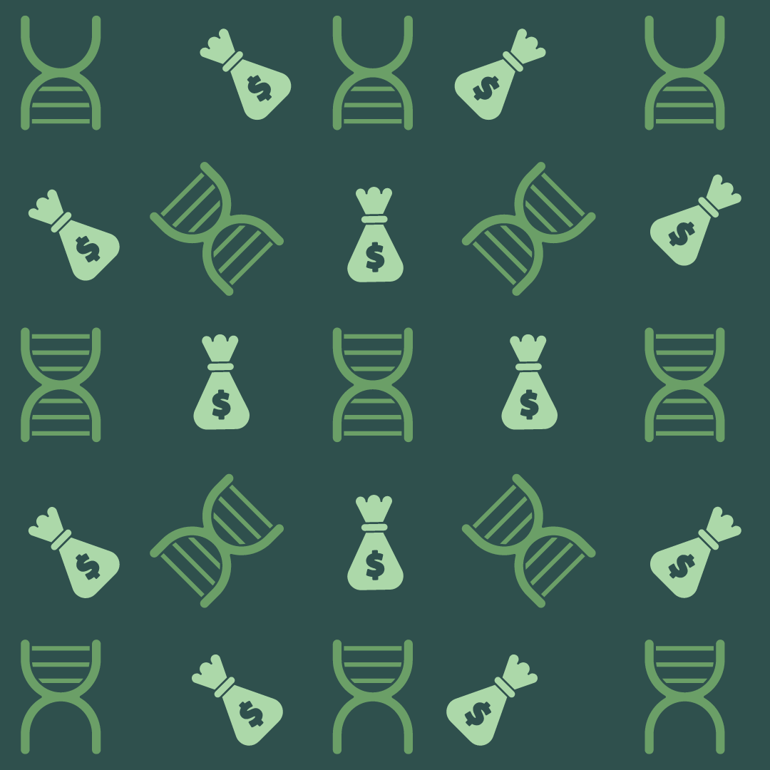money bags and DNA on green background