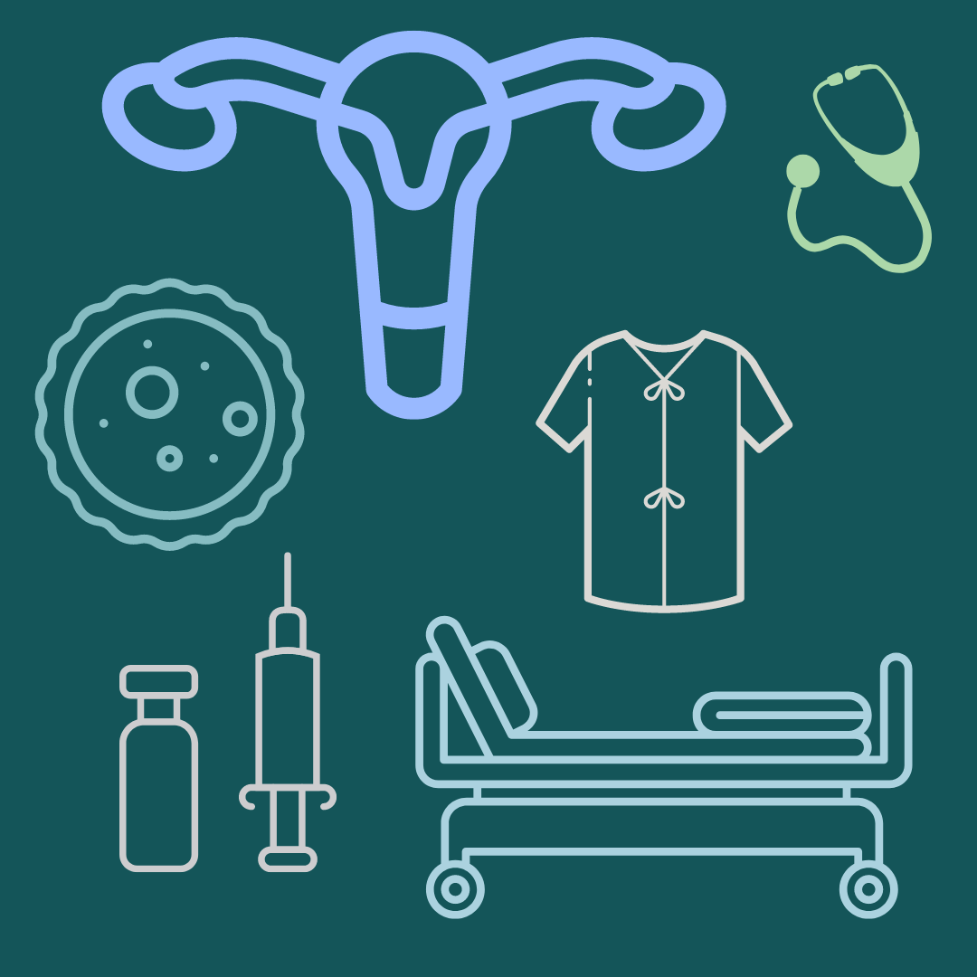 graphic of Petri dish, hospital bed, stethoscope, uterus