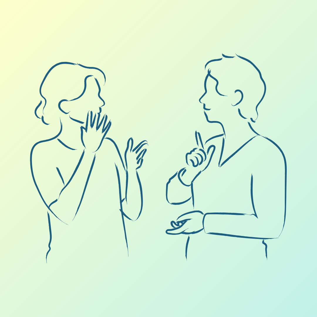 a graphic of two people conversing in ASL