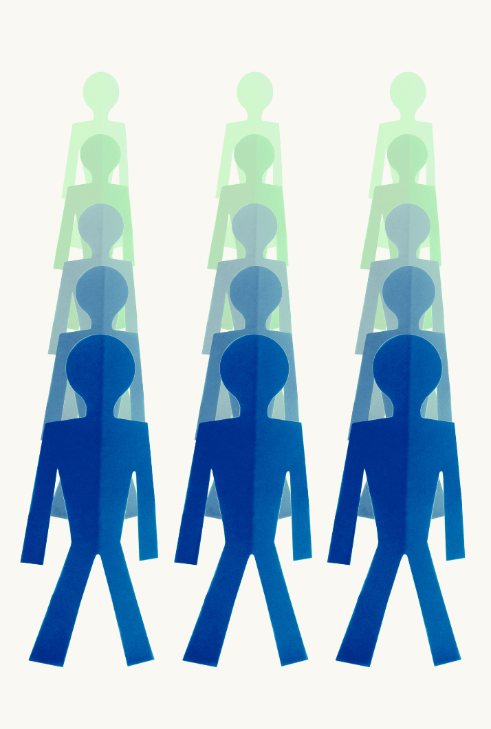 stick figures in a line being reproduced on a white background 