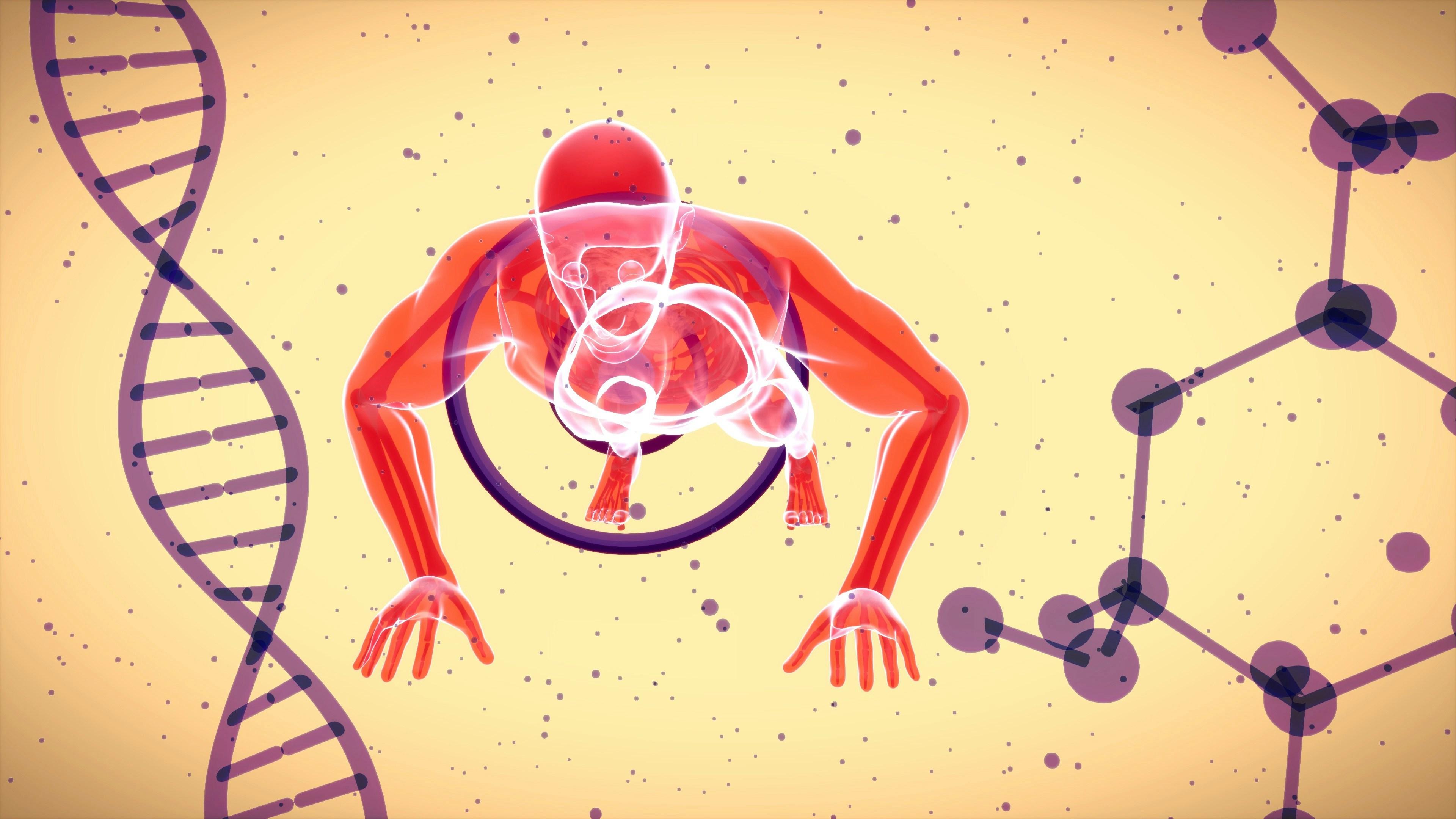 a graphic of DNA, a human body, and molecules