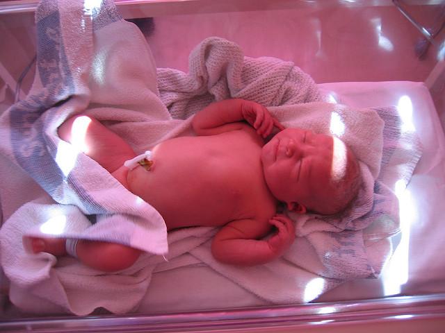 A newborn baby lays in a hospital crib