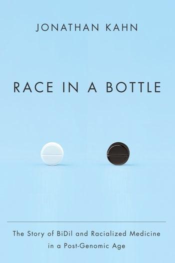 Light blue book cover with the title "Race in a Bottle"