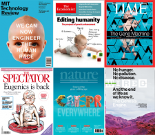 A collage of six cover stories about CRISPR from MIT Texh Review, The Ecnomist, Time, Spectator,  Nature, and Wired