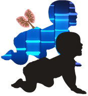 Illustrated image of a baby. The baby is darkened as a black silhouette. In the background slightly above, a blue baby shadows the black silhouette. The baby has wings on its back.