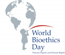 World Bioethics Day banner,  displaying an grayed illustration of the world  contents, with a child looking up.