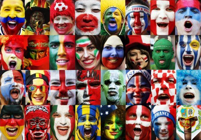 A collage of faces painted with the colors and patterns of various national flags