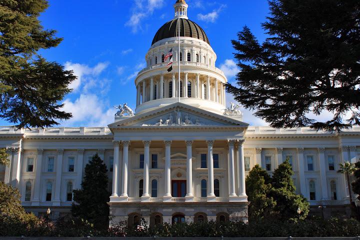 The front of the California State Capitol Building in Sacramento, California.