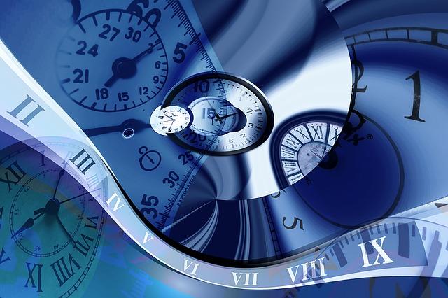 Artistic image featuring five opaque circular clock-like images on top of each other, with roman numeral printed on it.