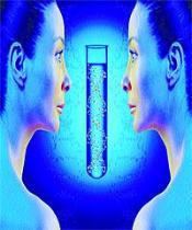 two identical women staring at each other with a test tube in the middle