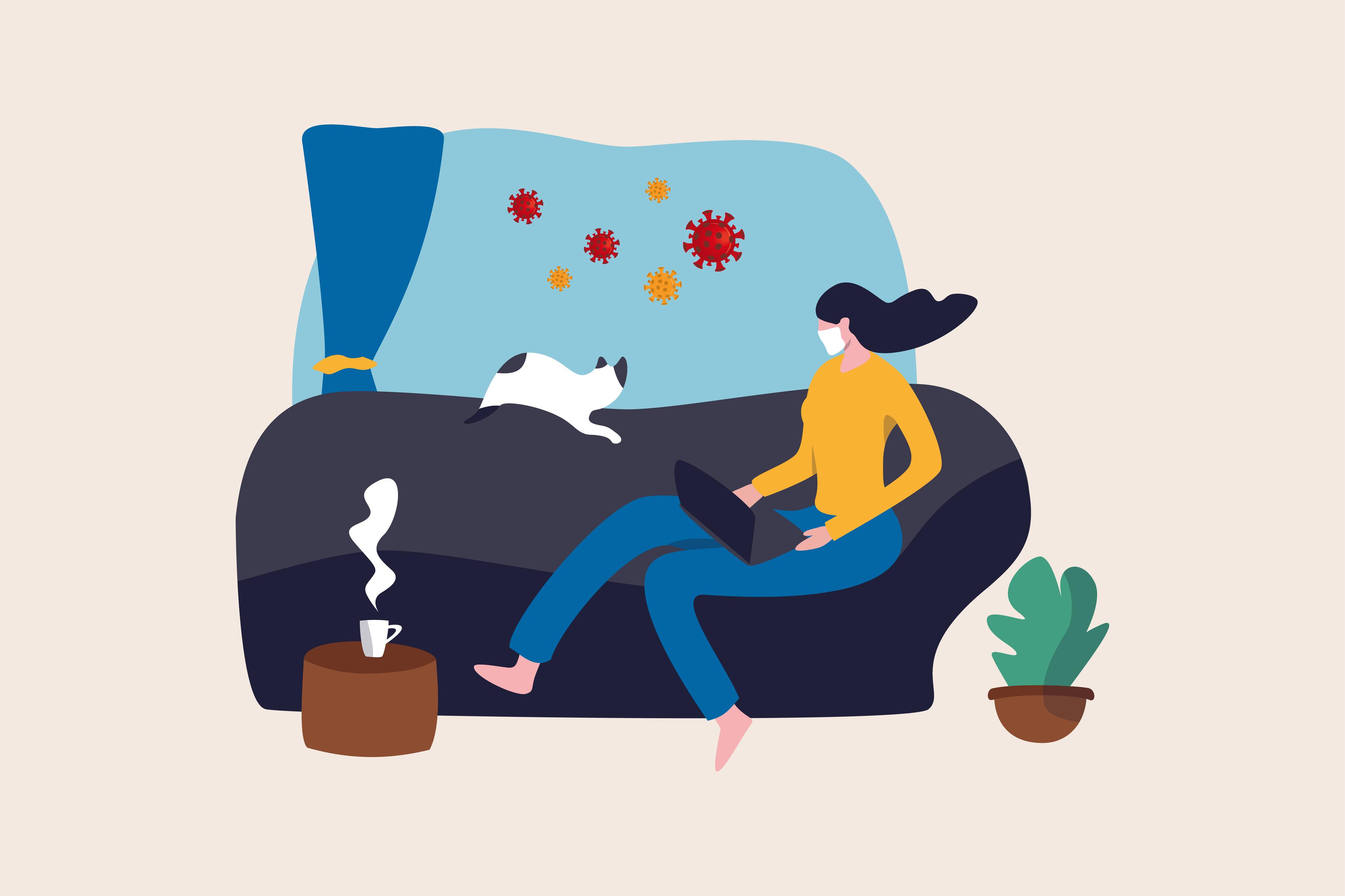 illustration of a woman on a couch with a laptop and a cat