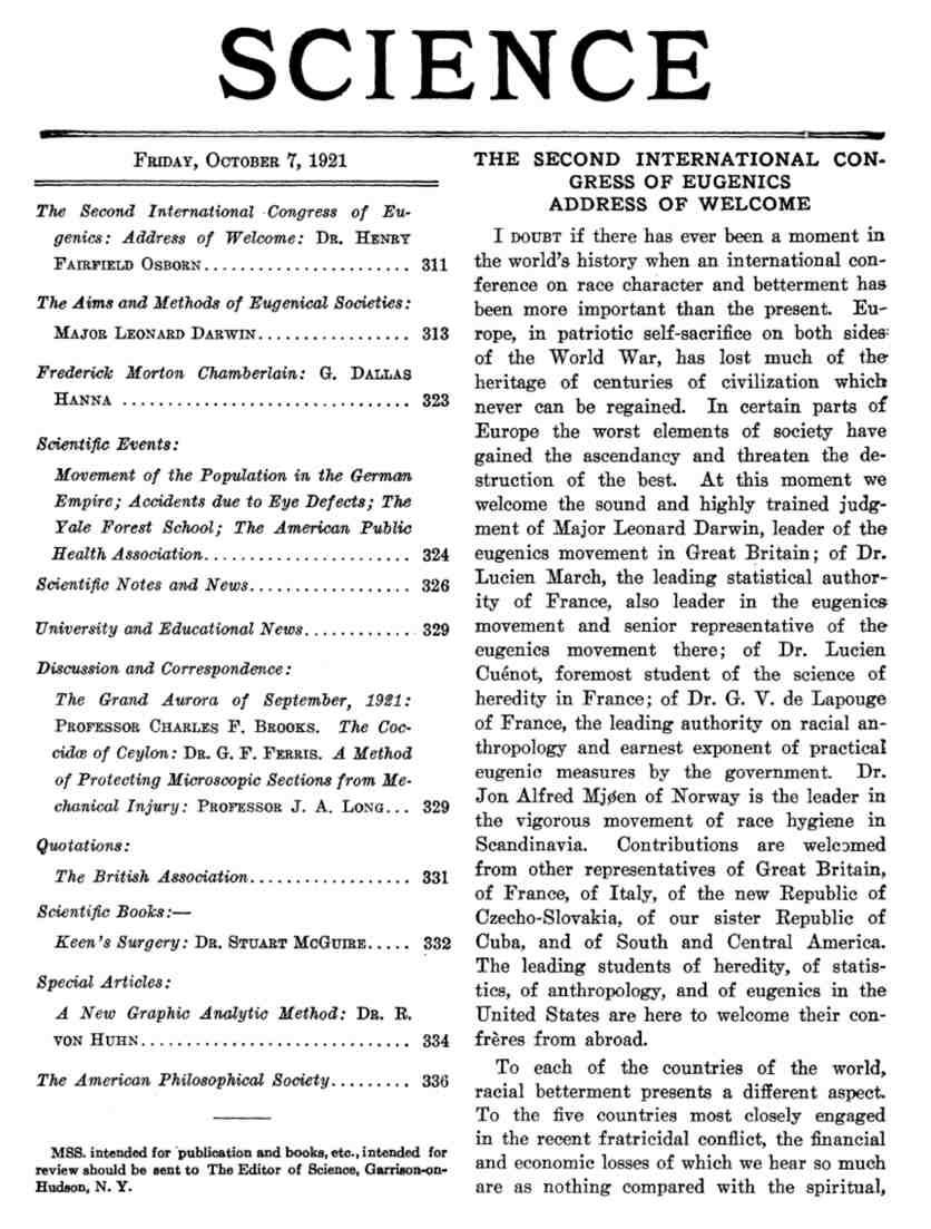 Science article on eugenics 1921