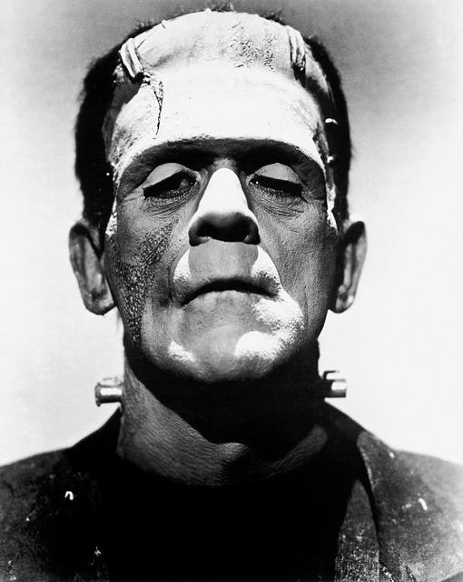Gray scale image of a Frankenstein character.