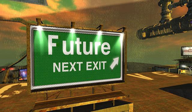 In an illustration of a high-tech world, there is a directional green sign that states, "Future next exit" with a white arrow pointing.