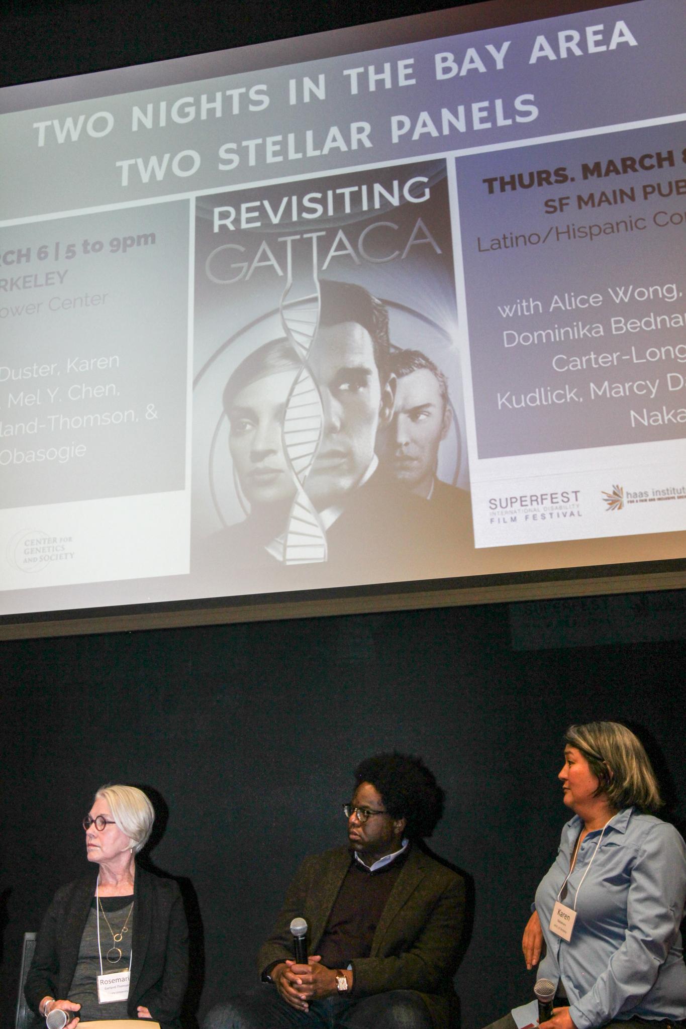 Panelists Rosemarie Garland-Thomson, Osagie Obasogie, and Karen Nakamura sit under a projected image that reads "TWO NIGHTS IN THE BAY AREA. TWO STELLAR PANELS." Below, the words "Revisiting GATTACA" are superimposed on the Gattaca movie poster, featuring the faces of Uma Thurman, Ethan Hawke, and Jude Law.
