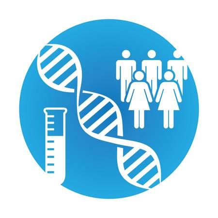 a light blue circle with 3 white icons. The bottom left has a test tube, the middle has a strand of DNA and the upper right has 5 people icons