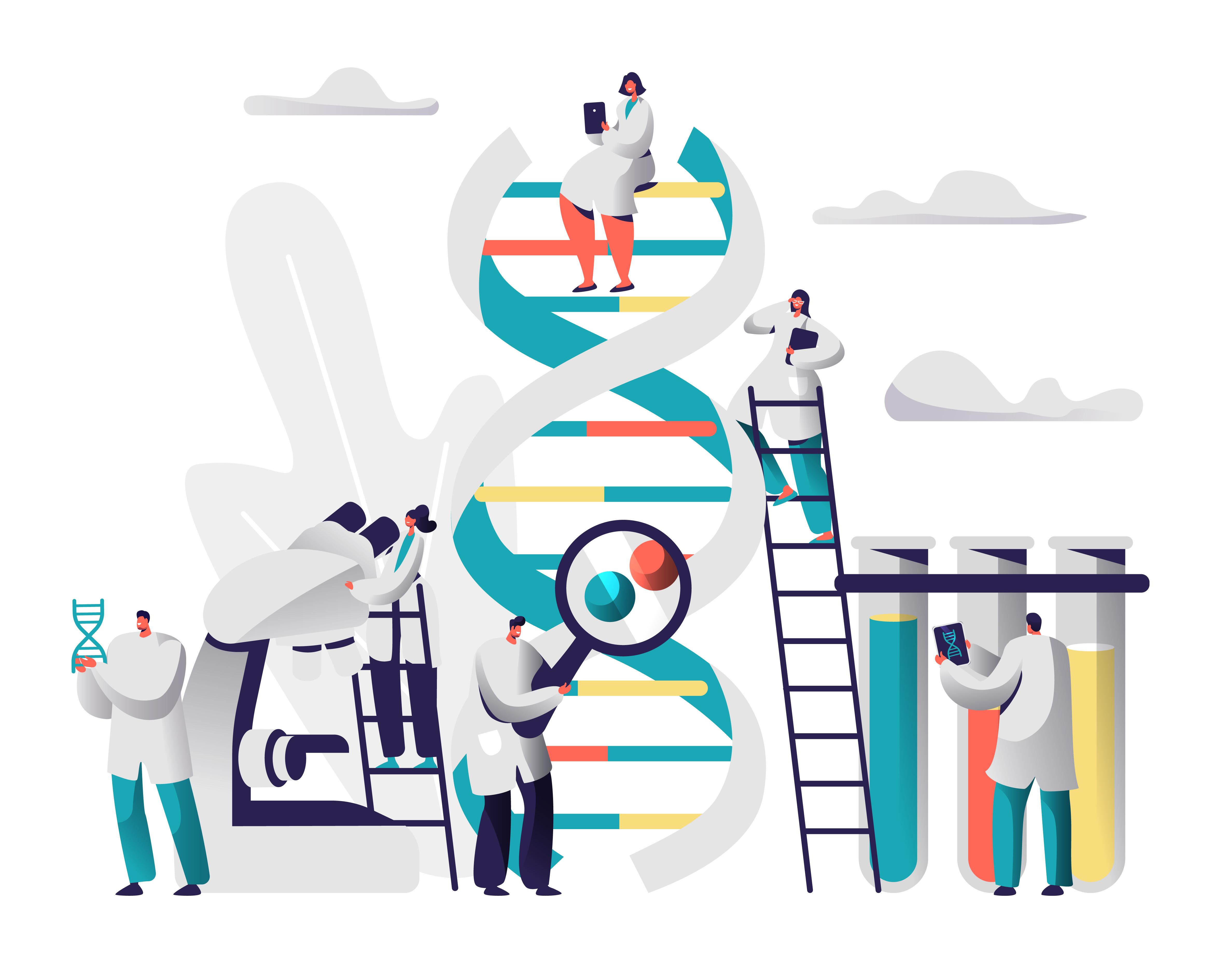 A corporate style animated imaage of multiple scientists climbing up a DNA double helix with test tubes to the right and a microscope to the left