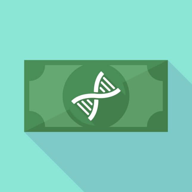 a piece of DNA colored white over an american dollar bill on a blue background