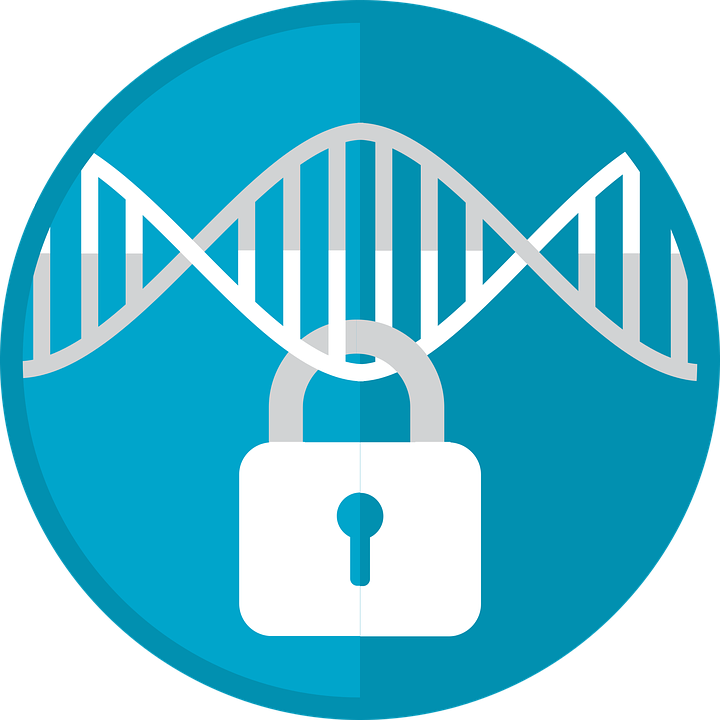 Padlock attached to a DNA strand on a blue background.