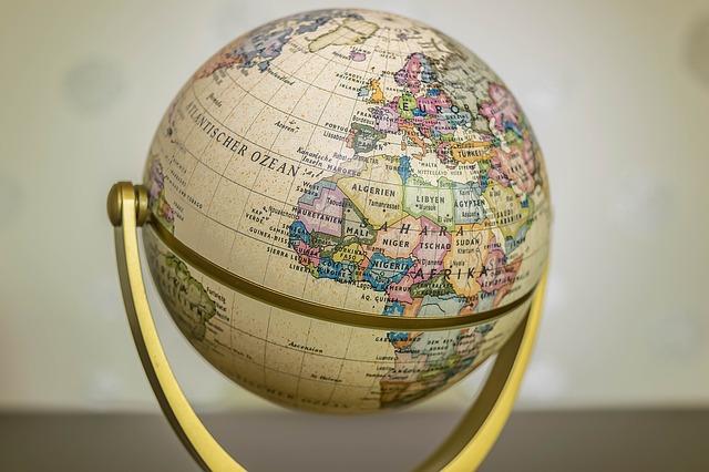 A circular globe model, displaying various countries in Eastern Europe and Africa.