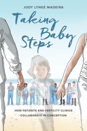 Illustration shows the translucent outline of a young child with brown hair and blue eyes holding the solid hands of a man and a woman. They are walking on the beach and a row of medical practitioners in scrubs stand behind them.